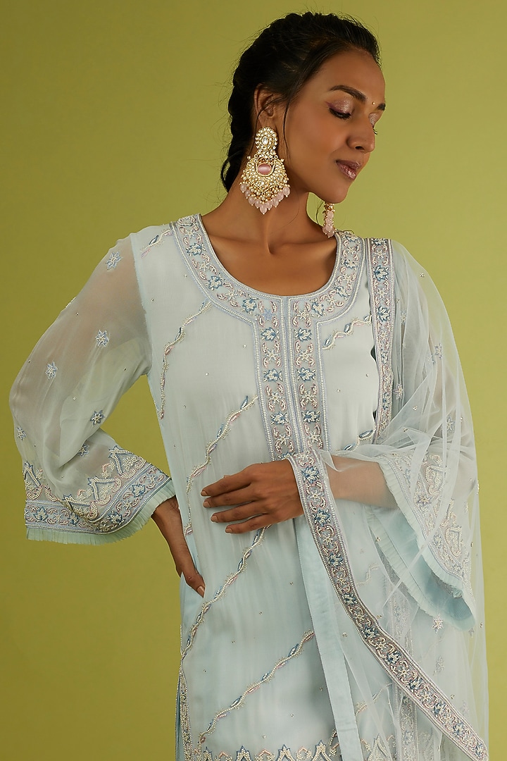 Powder Blue Embroidered Kurta Set by Sangeeta Kilachand at Pernia's Pop Up Shop