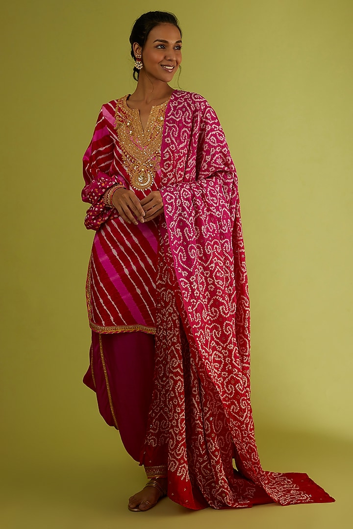 Neon Pink Silk Dhoti Set by Sangeeta Kilachand