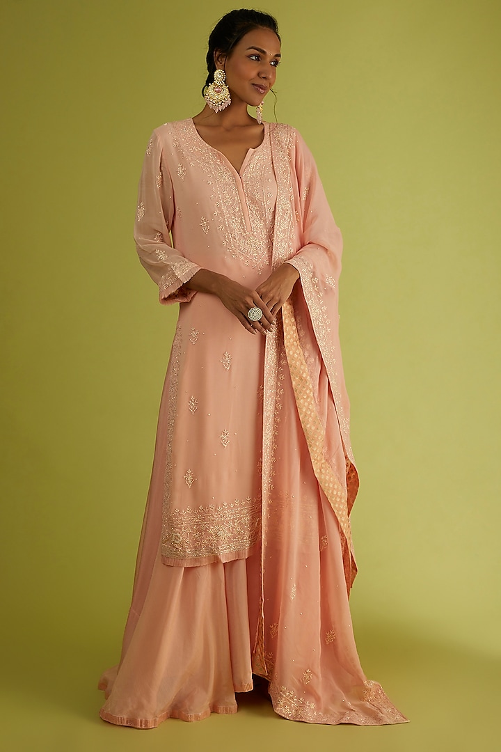 Peach Embroidered Kurta Set by Sangeeta Kilachand