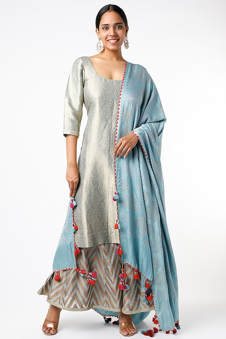 Blue Brocade Wedding Sharara Set by Sangeeta Kilachand at Pernia's Pop Up Shop