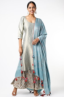 Blue Brocade Sharara Set by Sangeeta Kilachand-STUNNING BROCADES