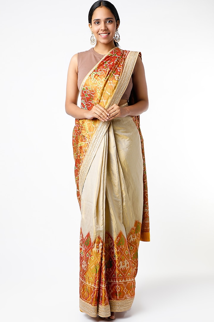 Cream & Gold Pure Silk Tissue Saree Set by Sangeeta Kilachand