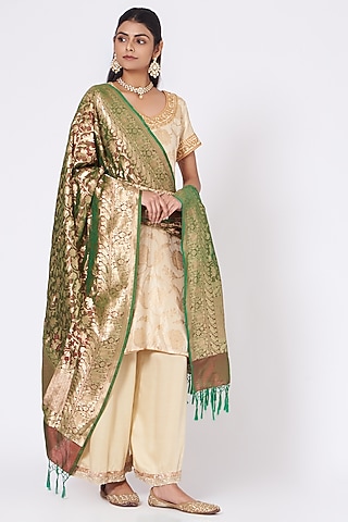 Cream Brocade Silk Kurta Set by Sangeeta Kilachand