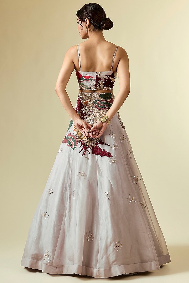 Purple Organza & Chanderi Laser Cut Applique Embroidered Wedding Lehenga Set by Sahil Kochhar at Pernia's Pop Up Shop