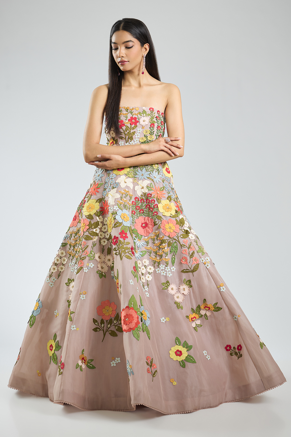 Purple Organza 3D Applique Embroidered Off-Shoulder Gown by Sahil Kochhar at Pernia's Pop Up Shop