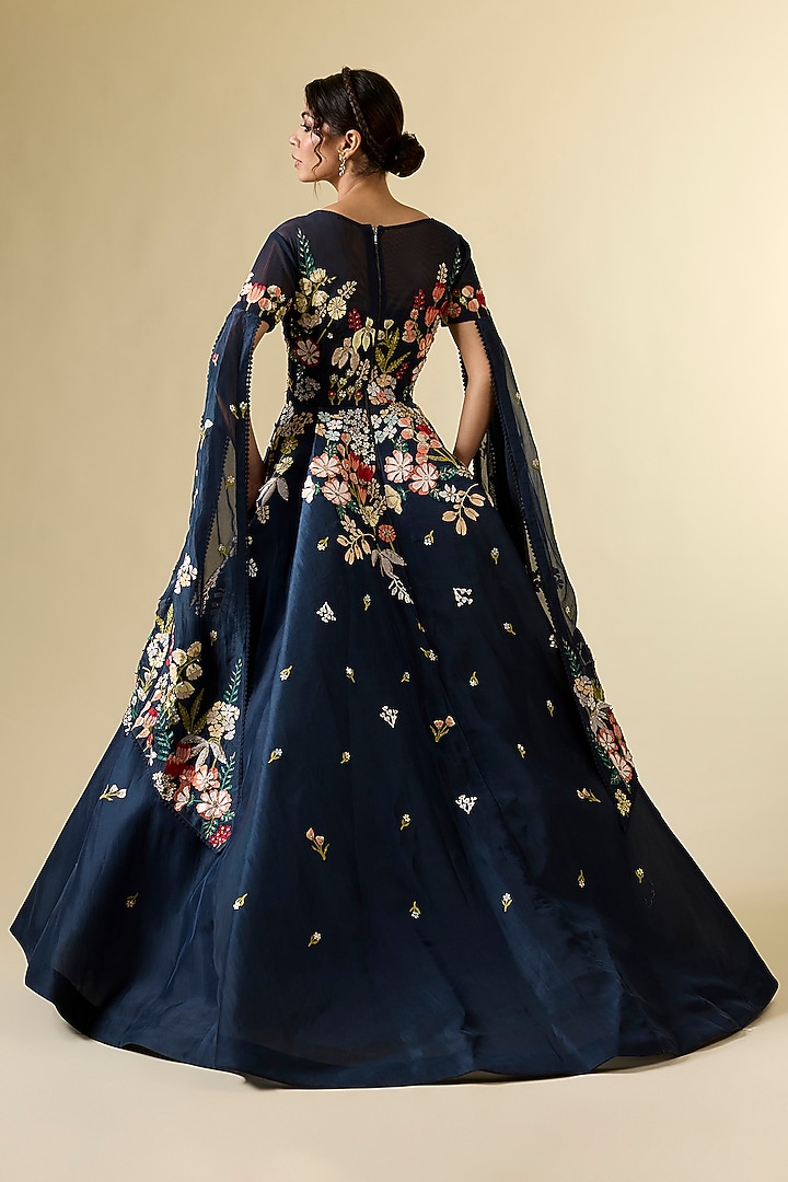 Blue Organza Floral Embroidered Bridal Gown by Sahil Kochhar at Pernia's Pop Up Shop