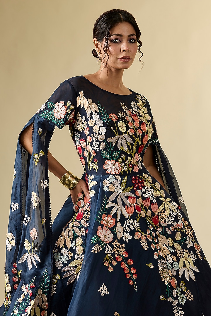 Blue Organza Floral Embroidered Bridal Gown by Sahil Kochhar at Pernia's Pop Up Shop