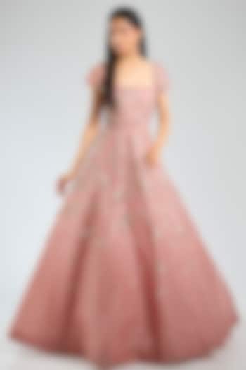 Pink Organza 3D Applique Embroidered Off-Shoulder Ball Gown by Sahil Kochhar at Pernia's Pop Up Shop
