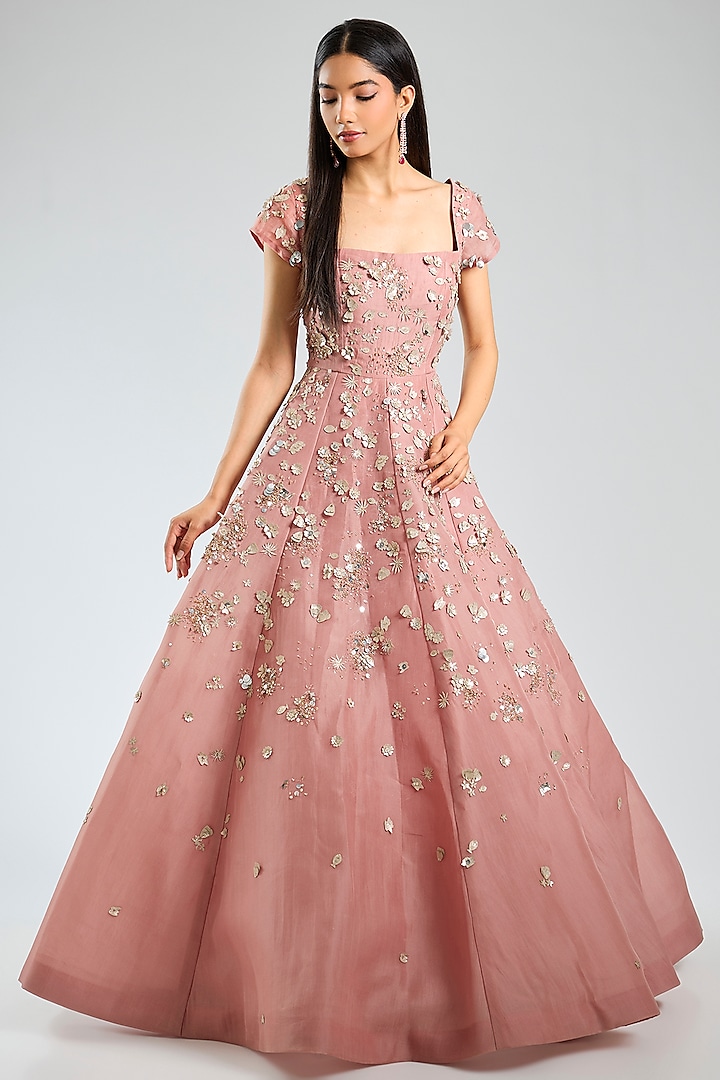 Pink Organza 3D Applique Embroidered Off-Shoulder Ball Gown by Sahil Kochhar at Pernia's Pop Up Shop