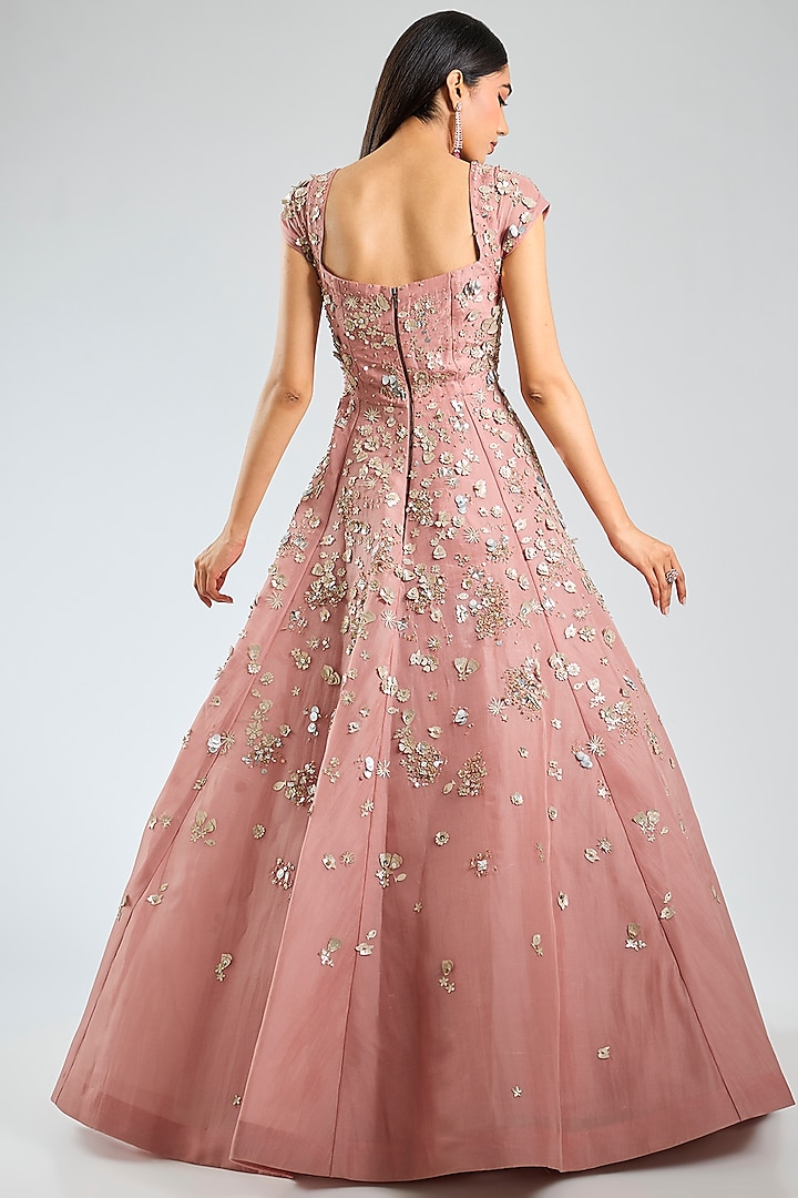 Pink Organza 3D Applique Embroidered Off-Shoulder Ball Bridal Gown by Sahil Kochhar at Pernia's Pop Up Shop