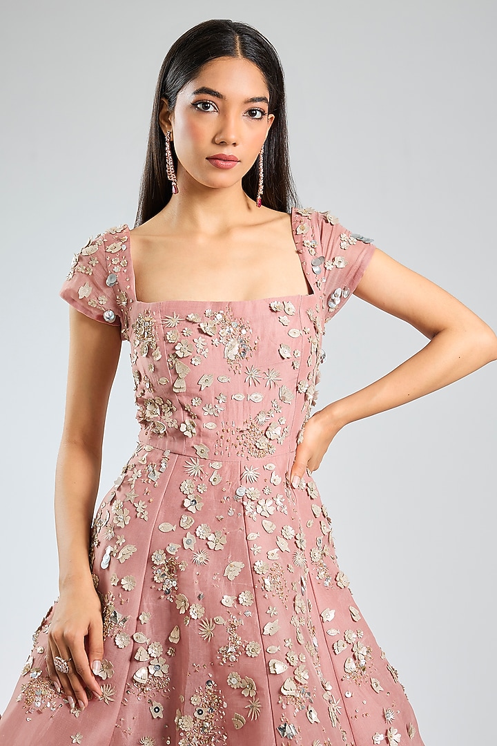 Pink Organza 3D Applique Embroidered Off-Shoulder Ball Bridal Gown by Sahil Kochhar at Pernia's Pop Up Shop
