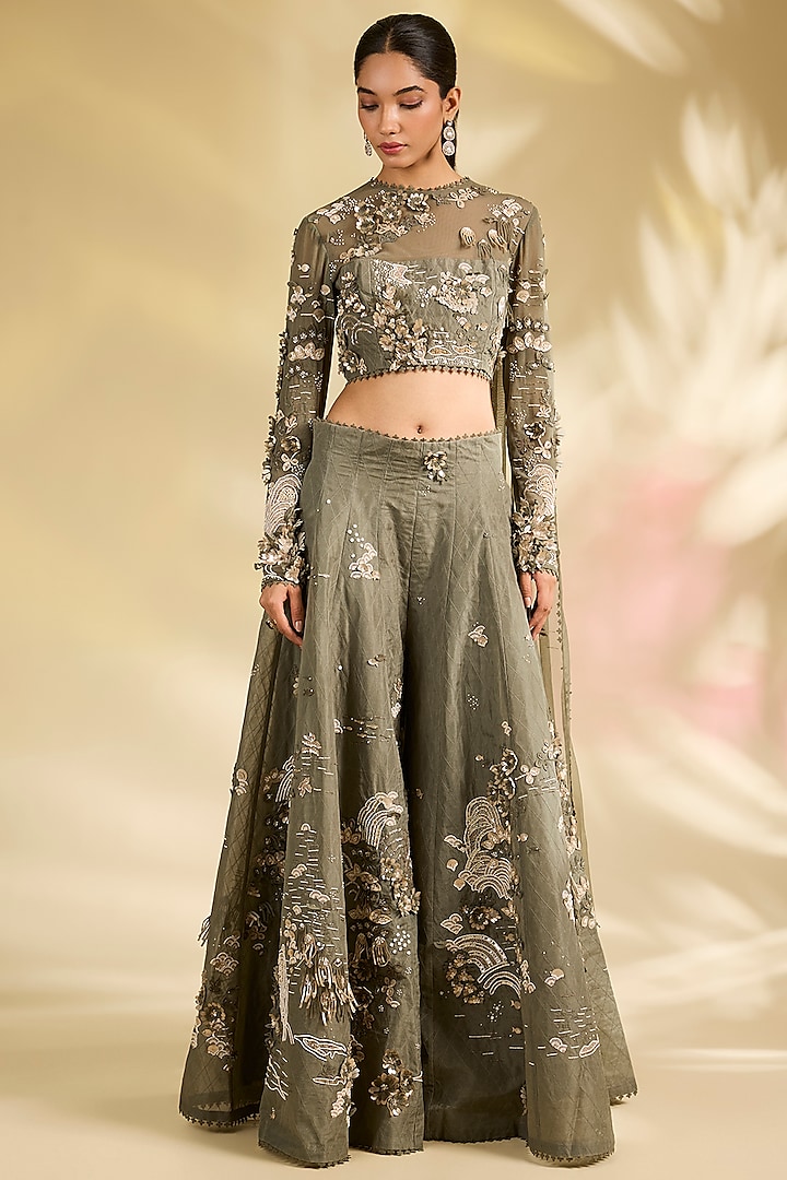 Green Organza Laser-Cut Applique Embroidered Bridal Sharara Set by Sahil Kochhar at Pernia's Pop Up Shop