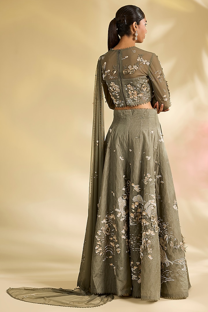 Green Organza Laser-Cut Applique Embroidered Bridal Sharara Set by Sahil Kochhar at Pernia's Pop Up Shop