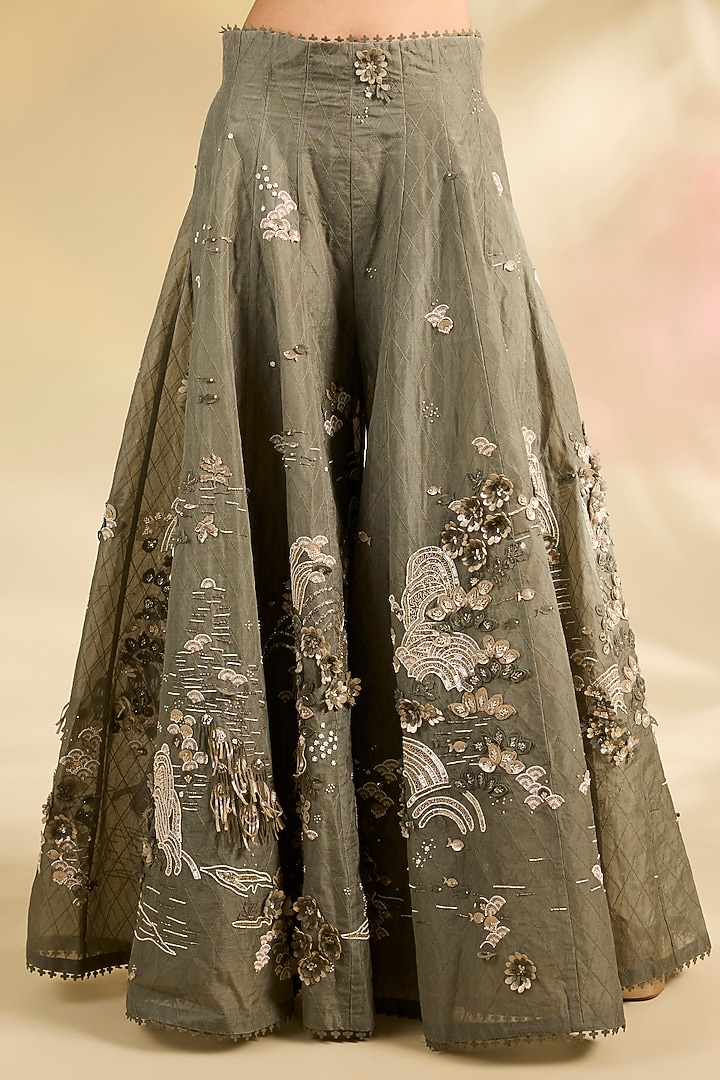 Green Organza Laser-Cut Applique Embroidered Bridal Sharara Set by Sahil Kochhar at Pernia's Pop Up Shop