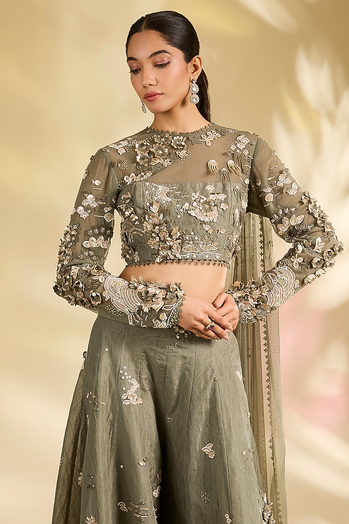 Green Organza Laser-Cut Applique Embroidered Bridal Sharara Set by Sahil Kochhar at Pernia's Pop Up Shop