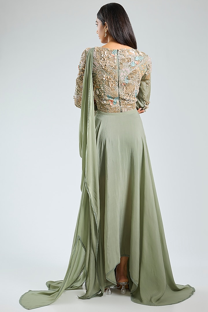Green Crepe Skirt Set by Sahil Kochhar at Pernia's Pop Up Shop