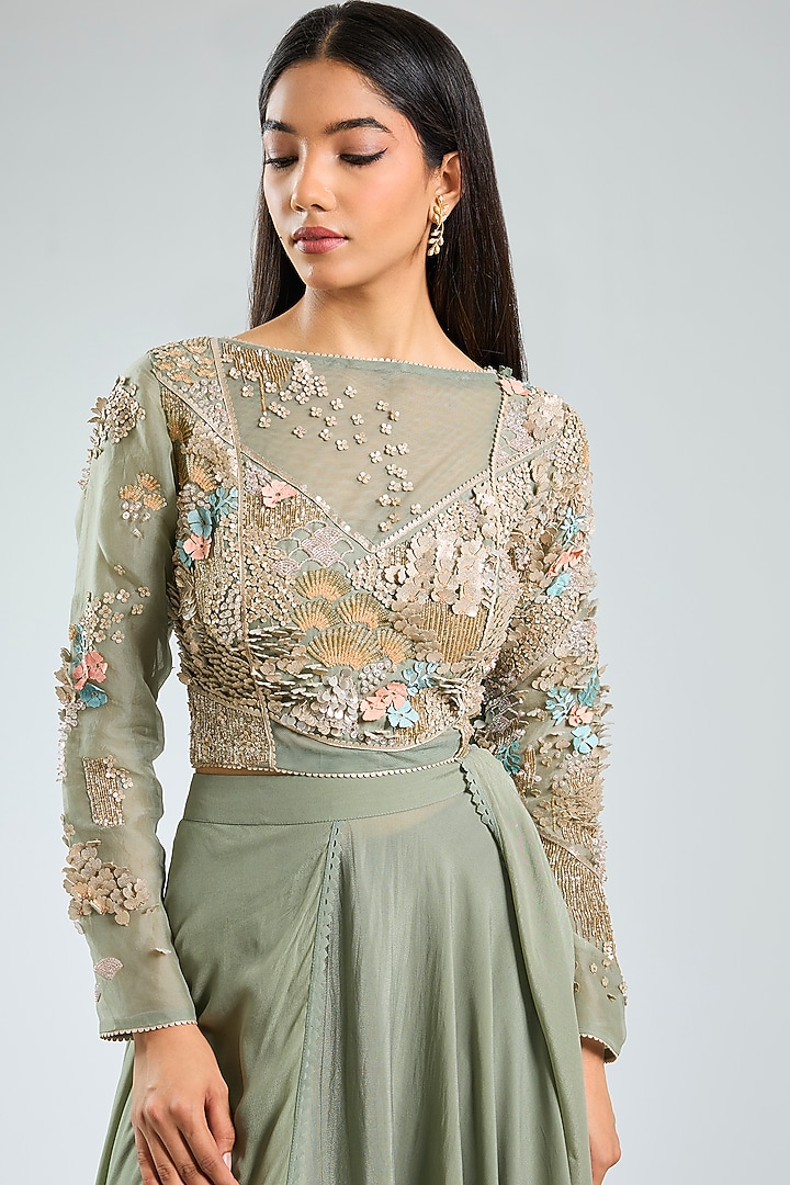 Green Crepe Skirt Set by Sahil Kochhar at Pernia's Pop Up Shop