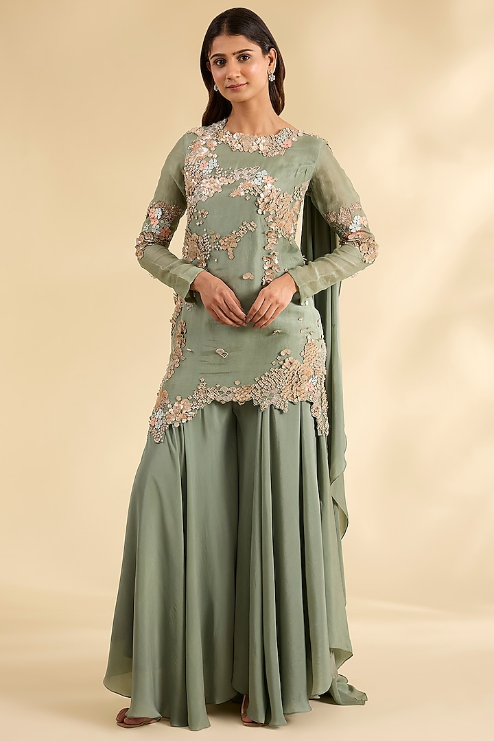Green Crepe Bridal Sharara Set by Sahil Kochhar at Pernia's Pop Up Shop