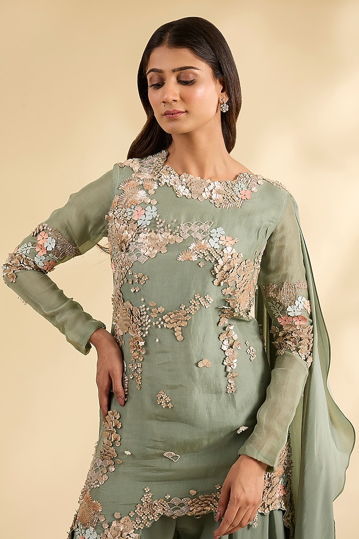 Green Crepe Bridal Sharara Set by Sahil Kochhar at Pernia's Pop Up Shop