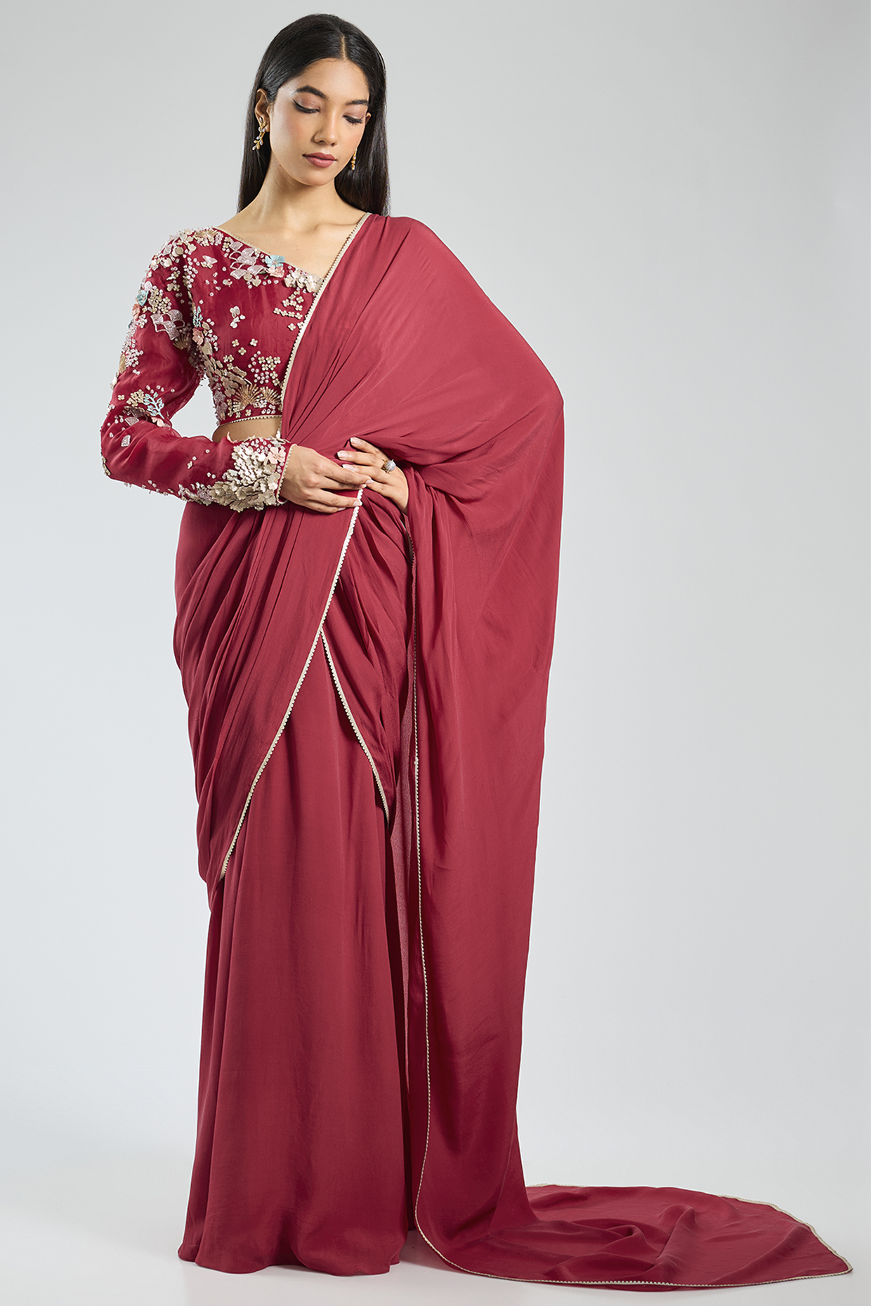 Red Georgette Hand Embroidered Pre-Draped Saree Set by Sahil Kochhar at Pernia's Pop Up Shop