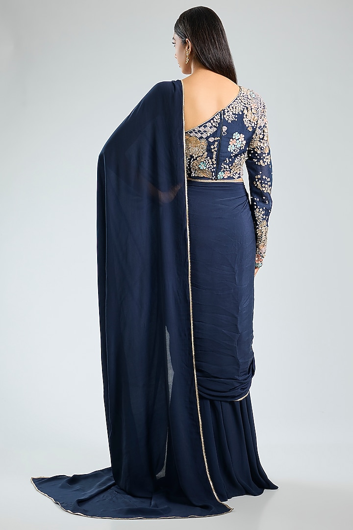 Blue Georgette Hand Embroidered Pre-Draped Wedding Saree Set by Sahil Kochhar at Pernia's Pop Up Shop
