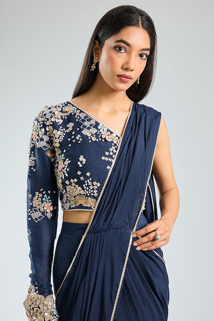 Blue Georgette Hand Embroidered Pre-Draped Wedding Saree Set by Sahil Kochhar at Pernia's Pop Up Shop