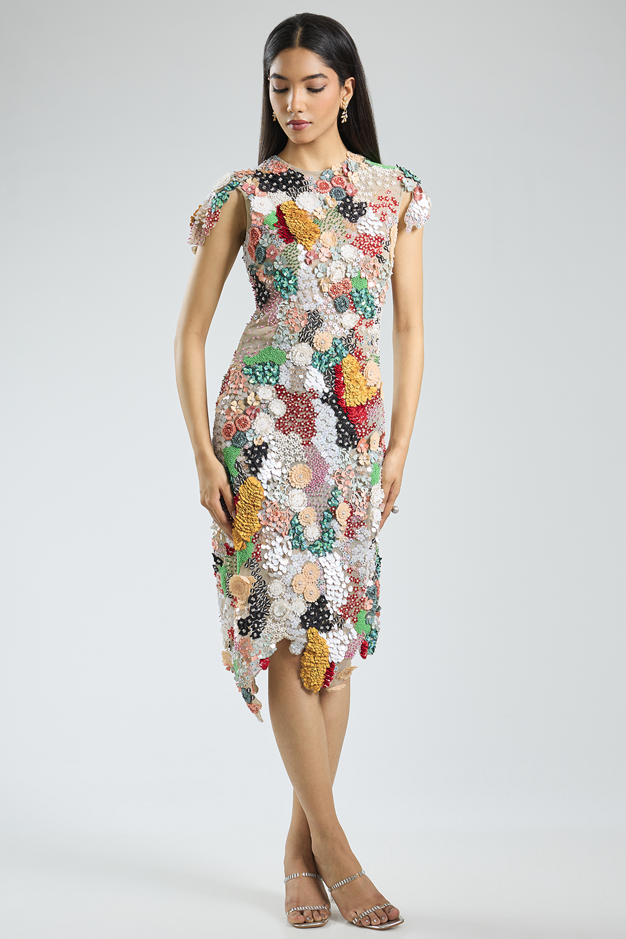 Multi-Colored Soft Net Silk Hand Embroidered Dress by Sahil Kochhar at Pernia's Pop Up Shop