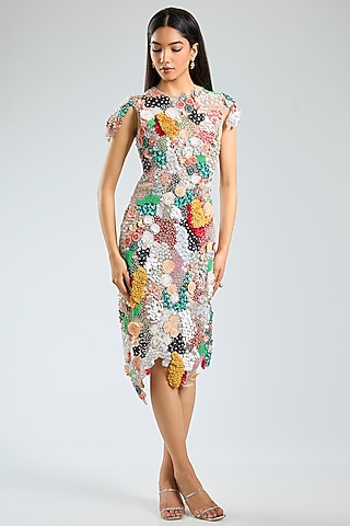 Multi-Colored Soft Net Silk Hand Embroidered Dress by Sahil Kochhar