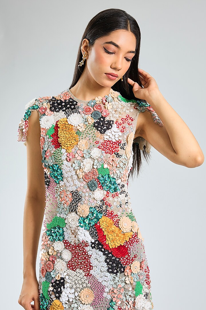 Multi-Colored Soft Net Silk Hand Embroidered Party Wear Dress by Sahil Kochhar at Pernia's Pop Up Shop