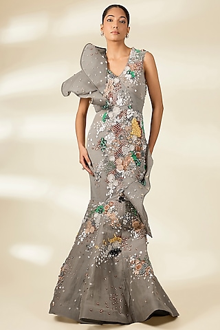 Grey Organza & Net Applique Gown by Sahil Kochhar