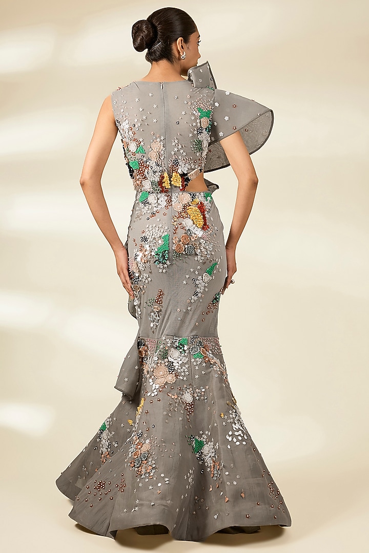 Grey Organza & Net Applique Bridal Gown by Sahil Kochhar at Pernia's Pop Up Shop