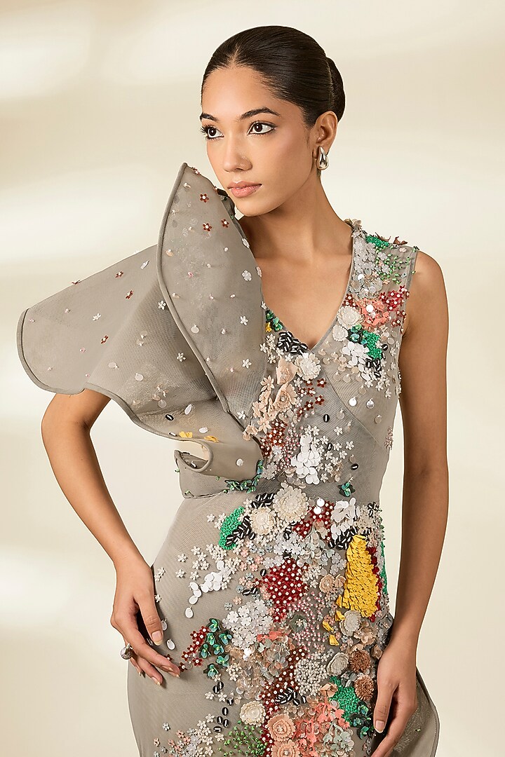 Grey Organza & Net Applique Bridal Gown by Sahil Kochhar at Pernia's Pop Up Shop