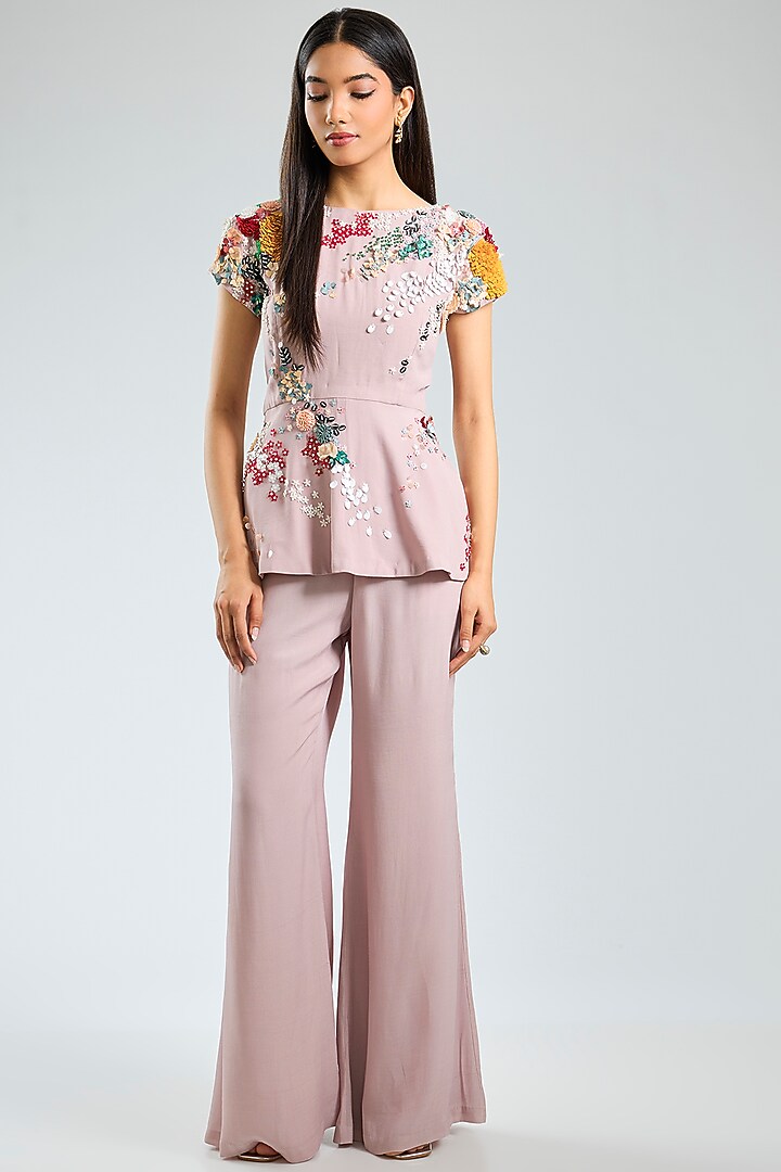 Peach Crepe Hand Embroidered Co-ord Set by Sahil Kochhar at Pernia's Pop Up Shop