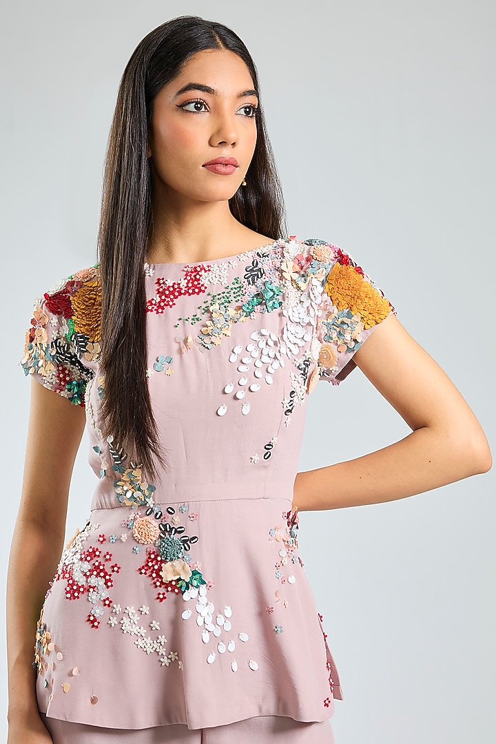 Peach Crepe Hand Embroidered Co-ord Set by Sahil Kochhar at Pernia's Pop Up Shop