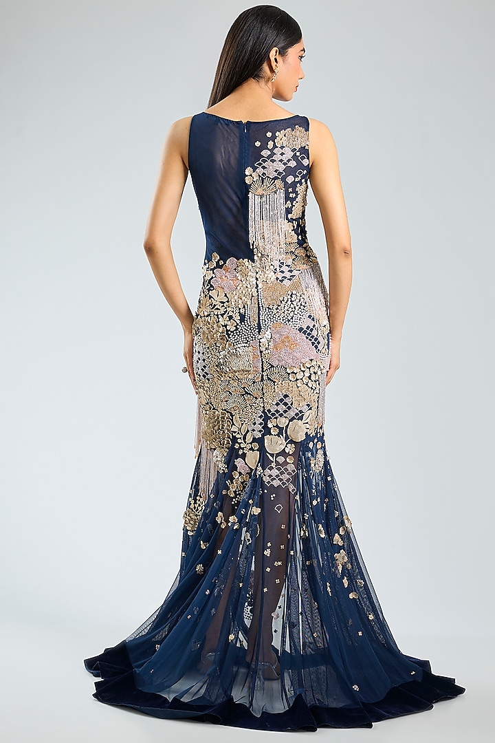 Blue Soft Net Applique Embroidered Bridal Gown by Sahil Kochhar at Pernia's Pop Up Shop
