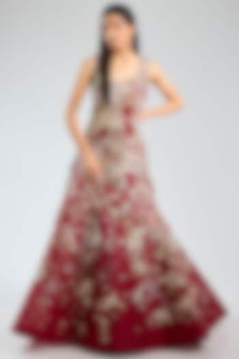 Red Organza Hand Embroidered Bridal Gown by Sahil Kochhar at Pernia's Pop Up Shop