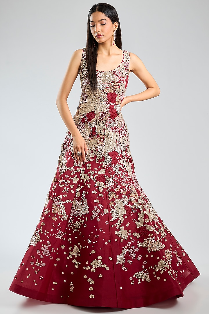Red Organza Hand Embroidered Bridal Gown by Sahil Kochhar at Pernia's Pop Up Shop