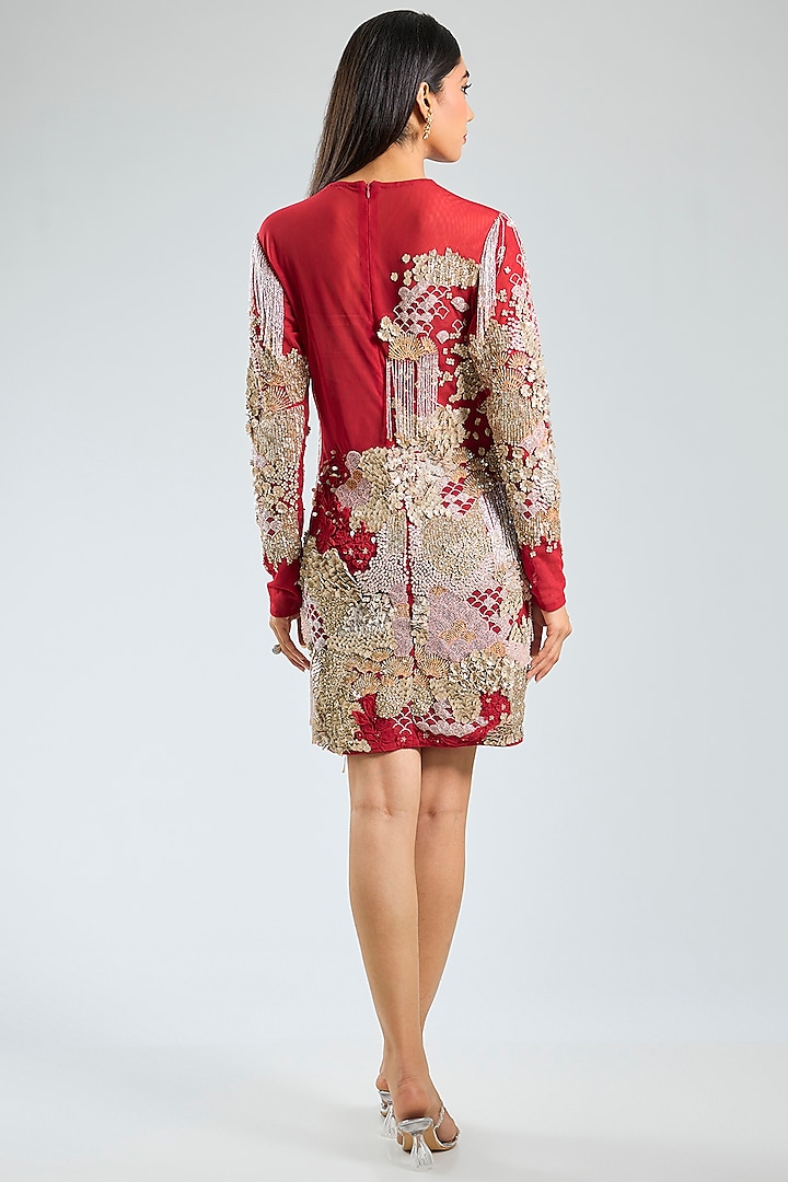 Red Soft Net Silk Hand Embroidered Party Wear Dress by Sahil Kochhar at Pernia's Pop Up Shop