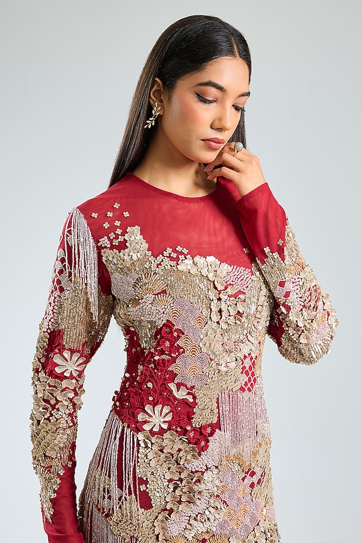 Red Soft Net Silk Hand Embroidered Party Wear Dress by Sahil Kochhar at Pernia's Pop Up Shop
