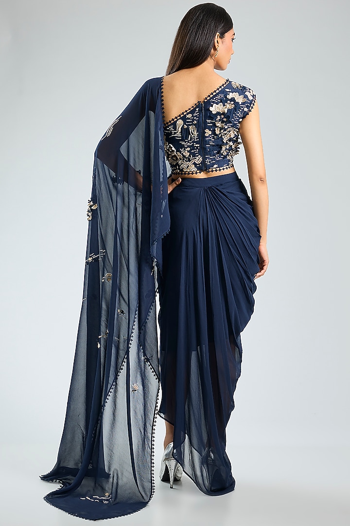 Blue Georgette Hand Embroidered Pre-Draped Reception Saree Set by Sahil Kochhar at Pernia's Pop Up Shop