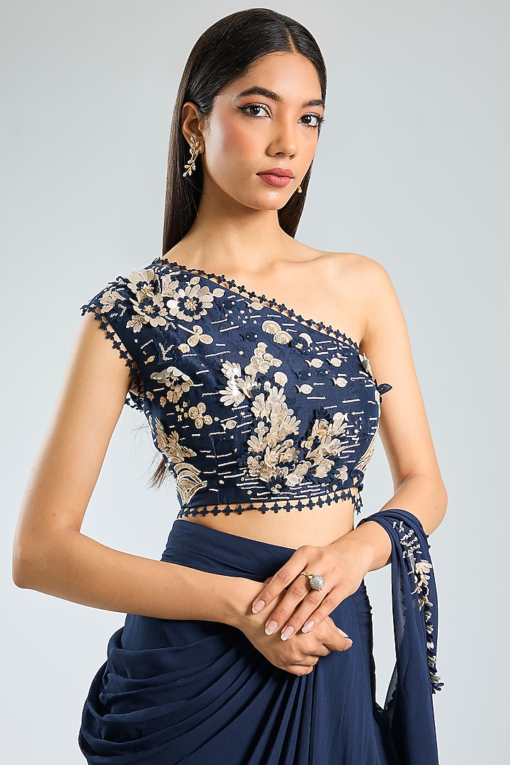 Blue Georgette Hand Embroidered Pre-Draped Reception Saree Set by Sahil Kochhar at Pernia's Pop Up Shop