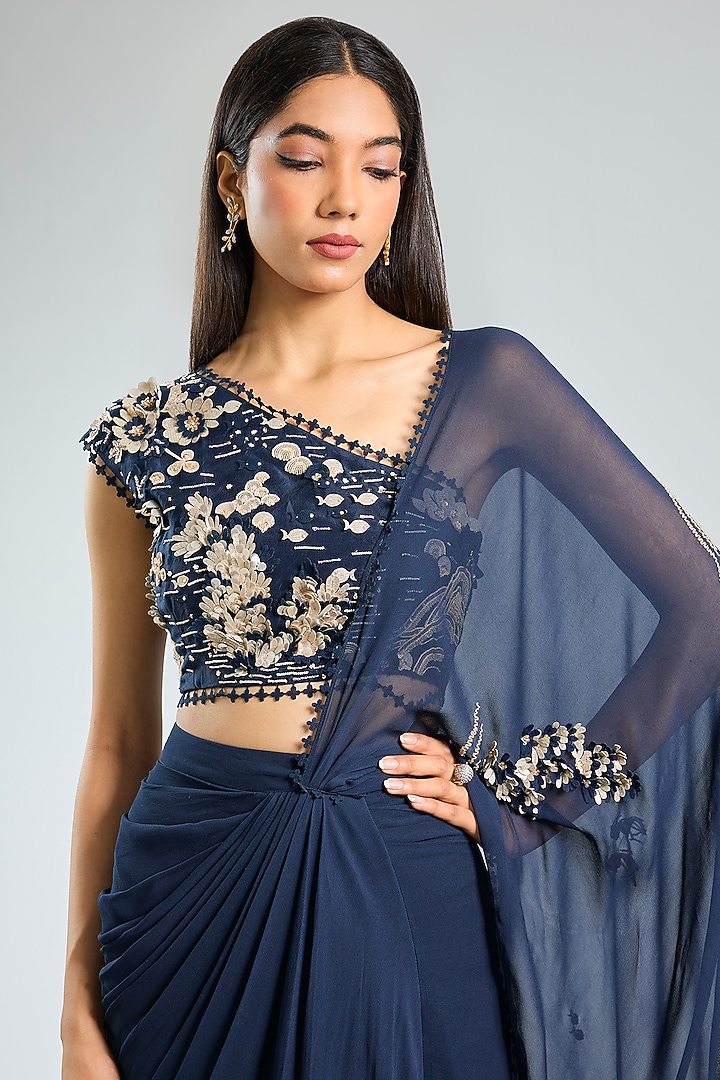Blue Georgette Hand Embroidered Pre-Draped Reception Saree Set by Sahil Kochhar at Pernia's Pop Up Shop