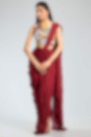 Red Georgette Pre-Draped Saree Set by Sahil Kochhar at Pernia's Pop Up Shop