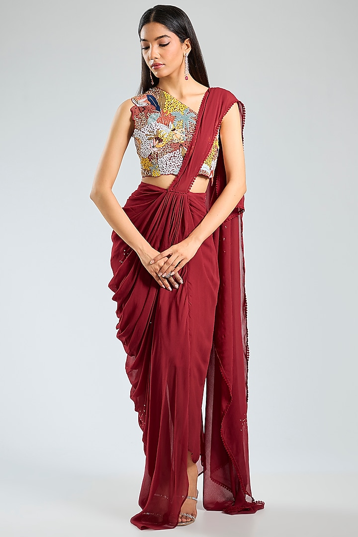 Red Georgette Pre-Draped Saree Set by Sahil Kochhar at Pernia's Pop Up Shop
