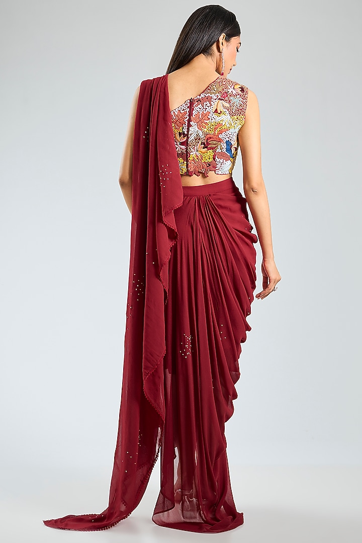 Red Georgette Pre-Draped Reception Saree Set by Sahil Kochhar at Pernia's Pop Up Shop