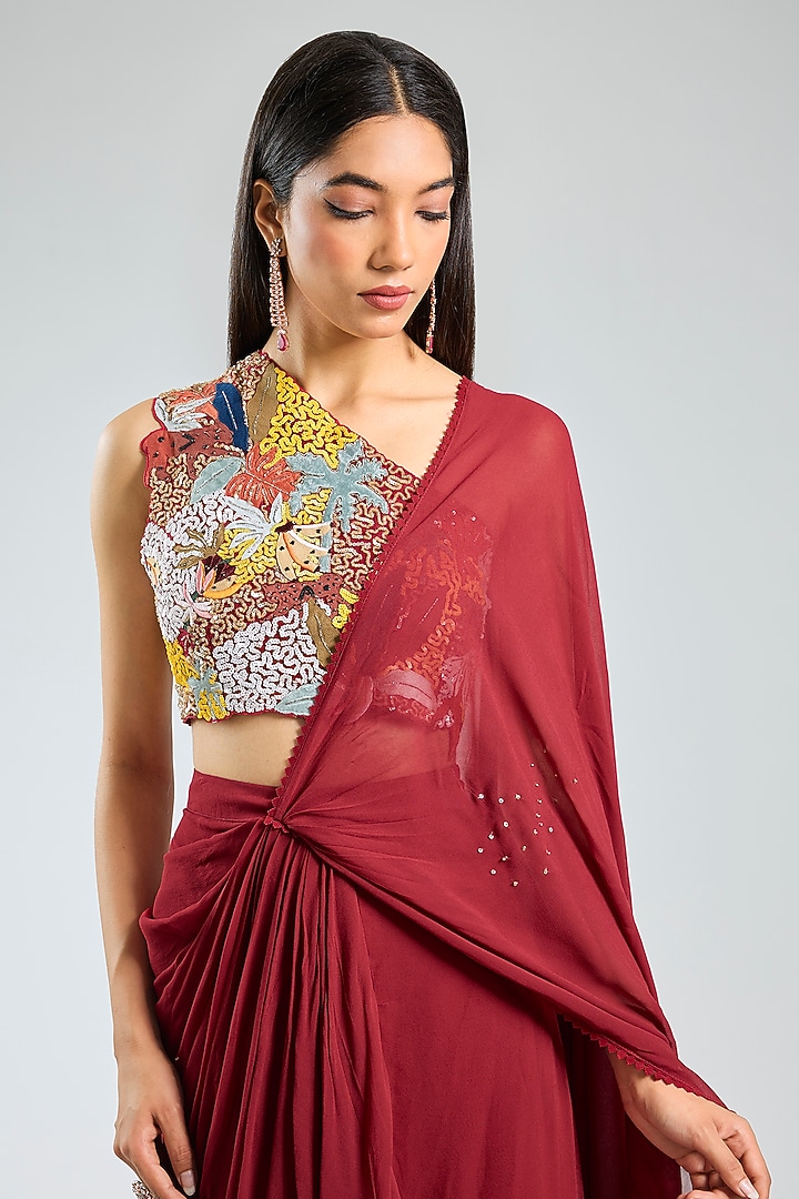 Red Georgette Pre-Draped Reception Saree Set by Sahil Kochhar at Pernia's Pop Up Shop