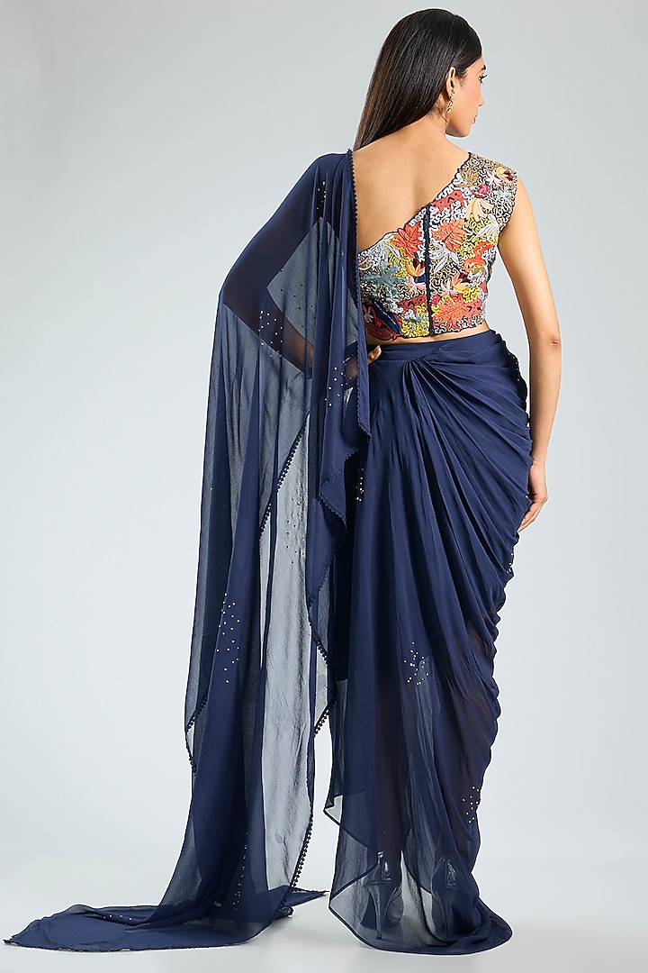 Blue Georgette Pre-Draped Reception Saree Set by Sahil Kochhar at Pernia's Pop Up Shop