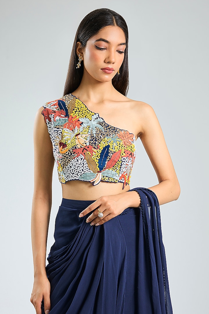 Blue Georgette Pre-Draped Reception Saree Set by Sahil Kochhar at Pernia's Pop Up Shop