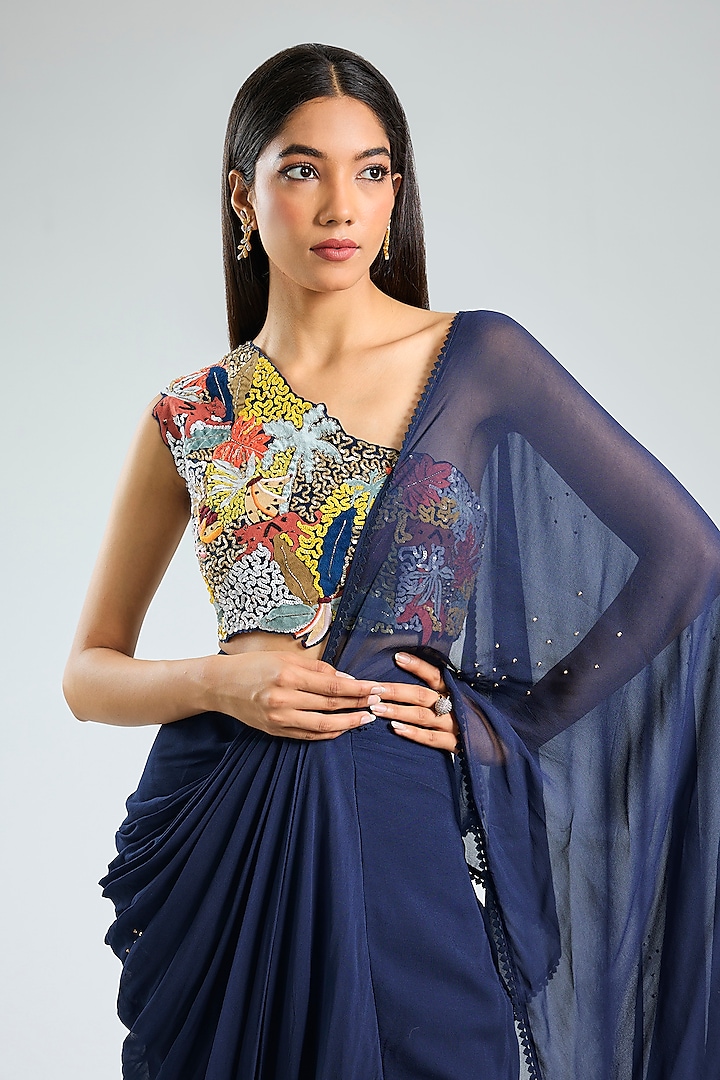 Blue Georgette Pre-Draped Reception Saree Set by Sahil Kochhar at Pernia's Pop Up Shop