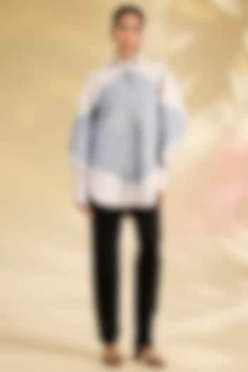 Blue & Ivory Shirting Laser-Cut Applique Hand Embroidered Shirt by Sahil Kochhar at Pernia's Pop Up Shop